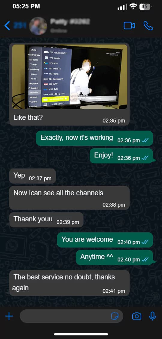 Customer message thanking support after channel access was restored