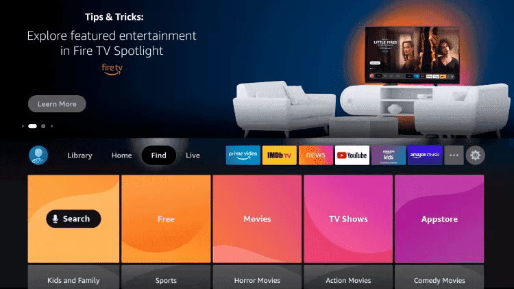 Firestick Find menu used to search for the Downloader app before installing IPTV
